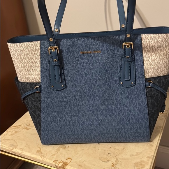 Michael Kors Blue and Cream Tote with Gold Accents